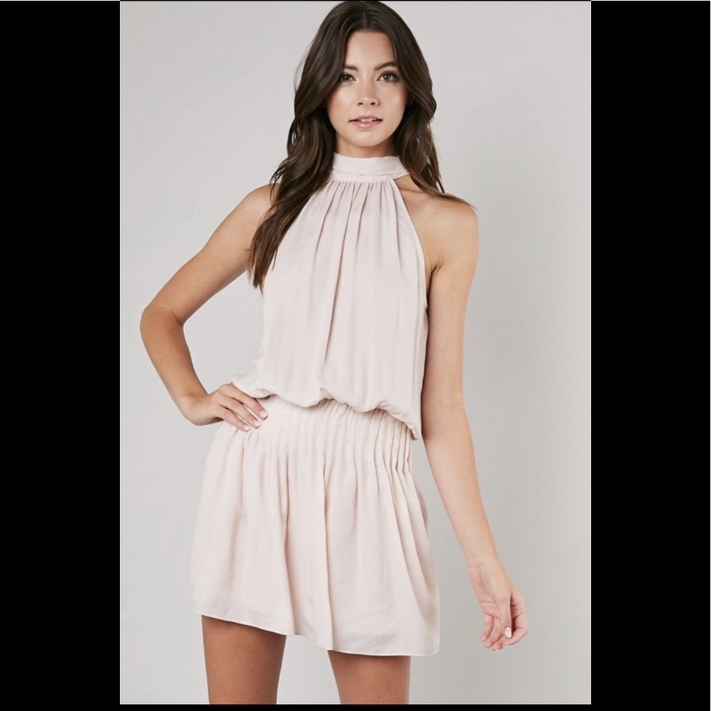 Halter Neck Blouson Mini Dress in Light Blush